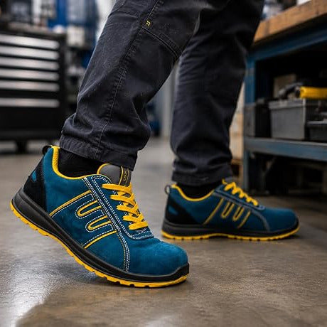 Chaussure de sécurité bleue et jaune, vue de profil