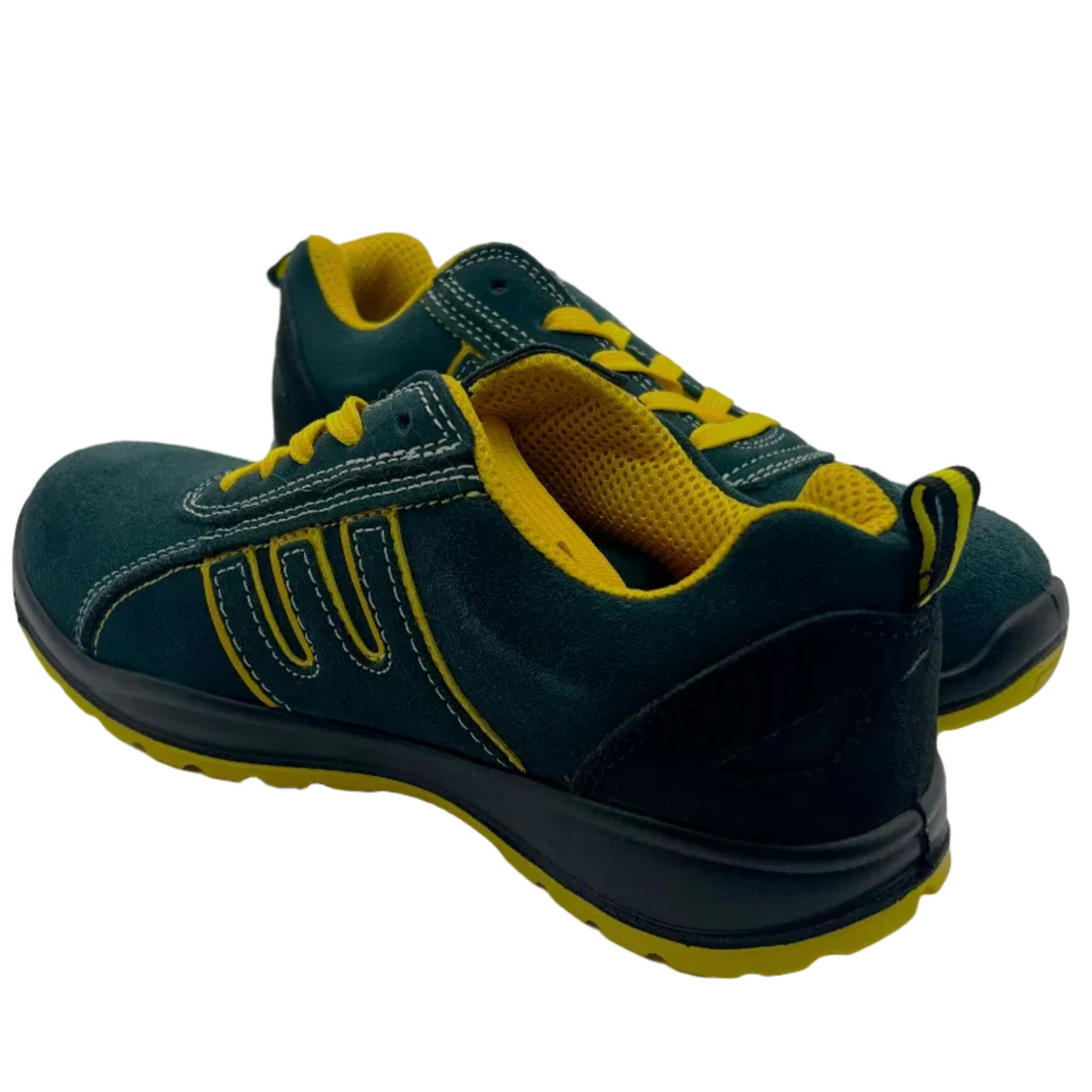 Chaussure de sécurité bleue et jaune, vue de trois quarts
