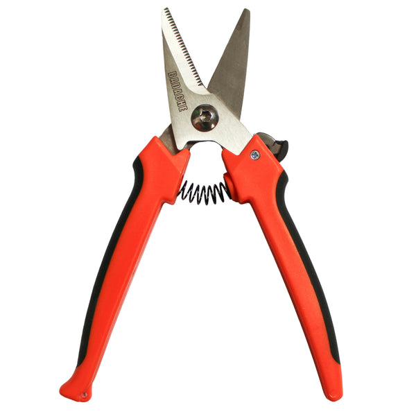 Cisaille universelle Badache en acier inoxydable, lames ouvertes, manche rouge et noir