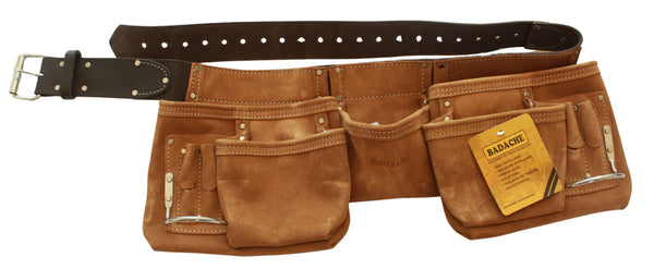Double ceinture porte-outils en cuir nubuck Badache, 11 compartiments