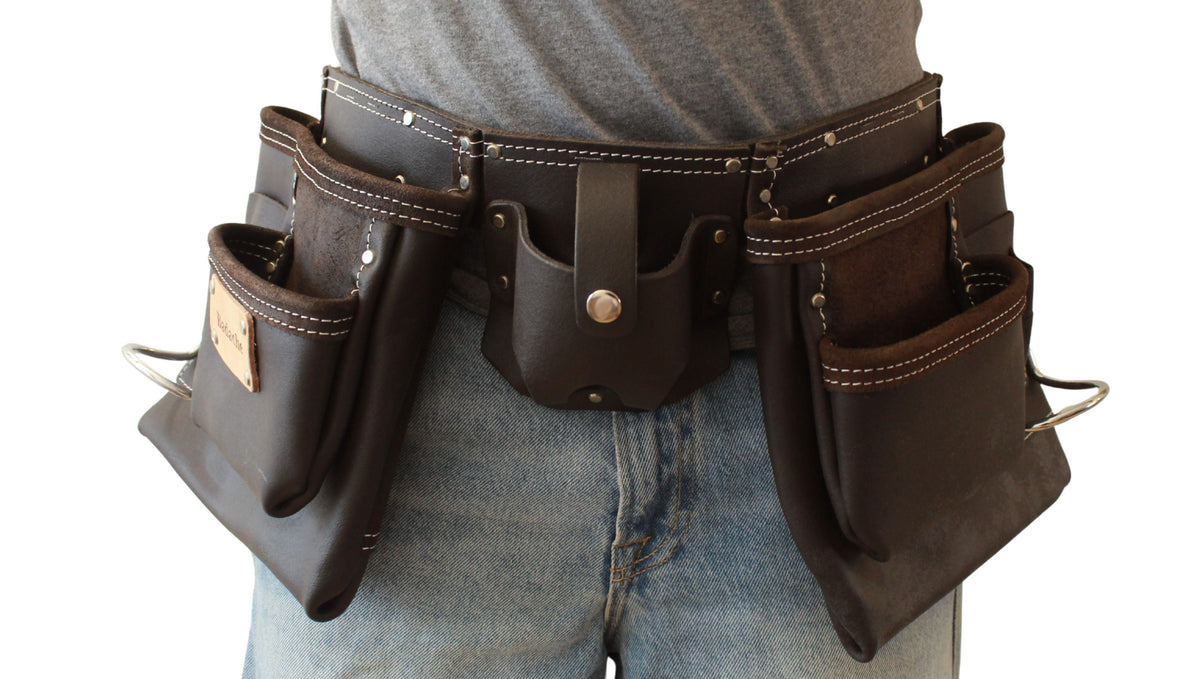 Double ceinture porte-outils en cuir huilé Badache avec porte-mètre