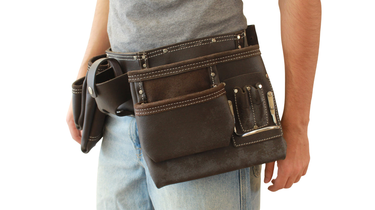 Double ceinture porte-outils en cuir huilé Badache avec porte-mètre