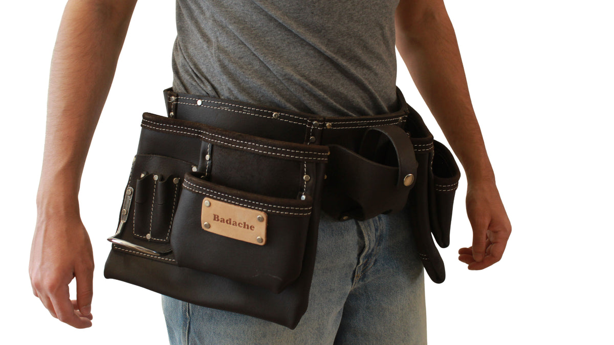 Double ceinture porte-outils en cuir huilé Badache avec porte-mètre
