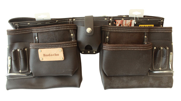 Double ceinture porte-outils en cuir huilé Badache avec porte-mètre